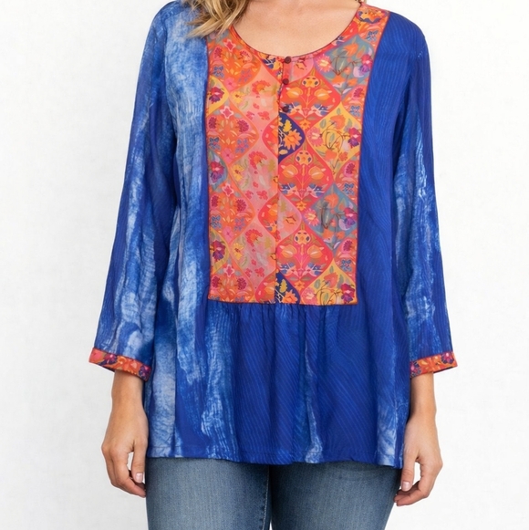 Firefly Tops - Firefly Women's XL Blue Tie-Dye Floral Embroidered Panel Tunic PTP 22" Length 23
